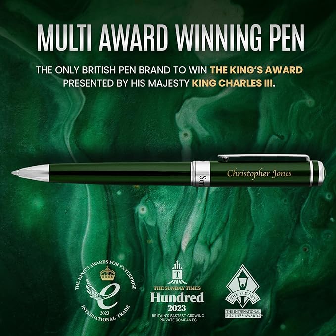 Scriveiner Personalized British Racing Green Pen - Stunning Green Lacquer Luxury Pen with Chrome Finish, Schmidt Ink Refill, Best Engraved Ball Point Gift Set for Men & Women, Custom Name Engraving-DeskLoop Office