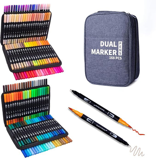 Dual Markers Brush Pens, 168 Colors Art Marker Set with Brush and Fine Tips – Premium Art Supplies for Kids & Adults, Perfect for Coloring Books, Hand Lettering, Calligraphy, and Drawing-DeskLoop Office