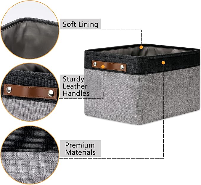 DULLEMELO Canvas Storage Bin with Handles, Fabric Bins for Shelves, Bedroom, Office,Nursery,Fabric Storage Baskets for Toys, Clothes,Gift(Black&Grey,15"x11"x9.5",4-Pack)-DeskLoop Office