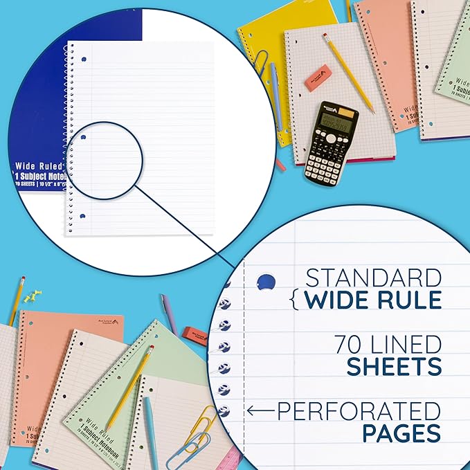 Blue Summit Blue Wide Ruled Spiral Notebooks Bulk, 1 Subject Spiral Notebook Wide Ruled, Paper School Bulk Notebooks, 48 Pack-DeskLoop Office