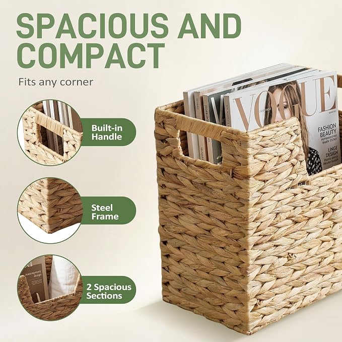Wicker Magazine Basket with Handle, Water Hyacinth Magazine Holder with 2 - Image 3