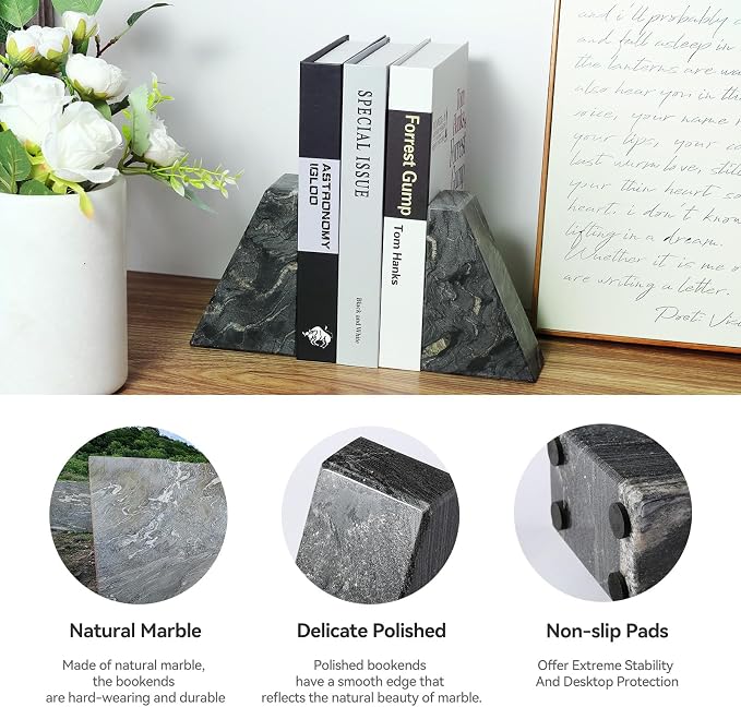 Karibiber Marble Bookends for Heavy Books, Decorative Book Ends for Shelves - Image 3