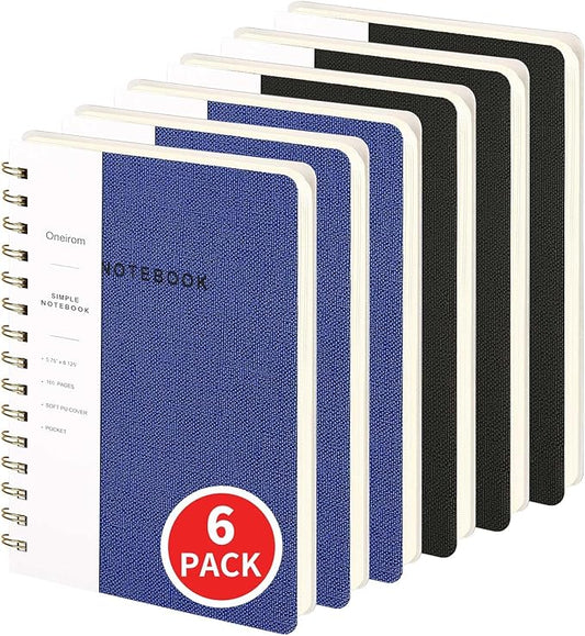 Lined Spiral Notebook College Ruled A5 Journal Book for Note Taking, 160 Pages Writing Journal for Office and Home School Supplies 5.75 x 8.125 inch (6pack-3Black/3NavyBlue)-DeskLoop Office