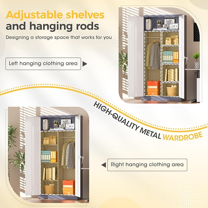 Greenvelly Metal Storage Wardrobe Cabinet with Lock, 72" White Grey Metal Wardrobe Closet for Hanging Clothes with Doors and Shelves, Modern Clothes Closet for Home, Office and Bedroom, School,Gym-DeskLoop Office