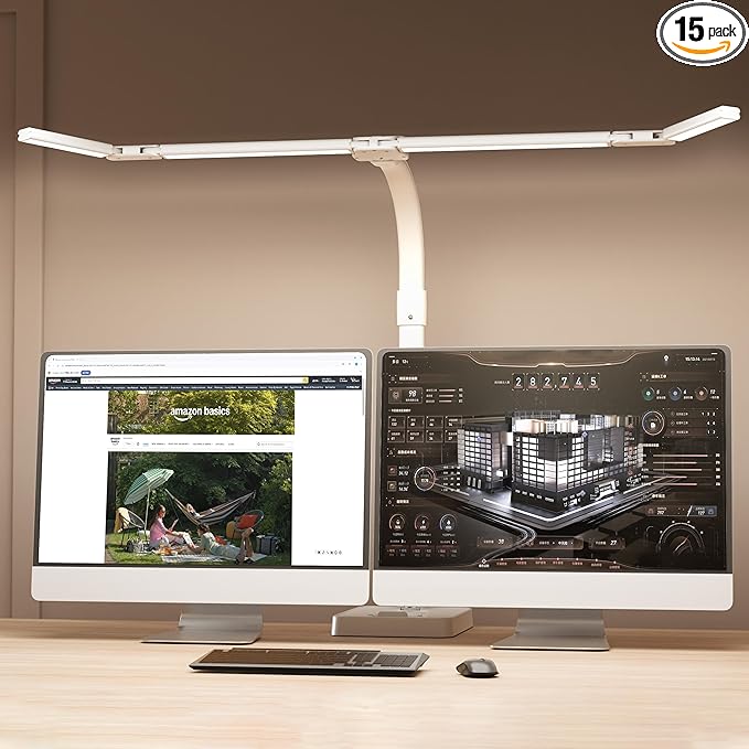 LED Desk Lamp for Home Office - 24W Bright Double Head Desk Light with Clamp Eye Caring Architect Task Light 25 Lighting Modes Adjustable Flexible Gooseneck Lamp (All White)-DeskLoop Office