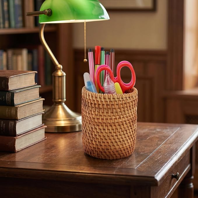 Okllen 2 Pack Rattan Pencil Holder, Handmade Wicker Pen Cup Makeup Brushes - Image 9