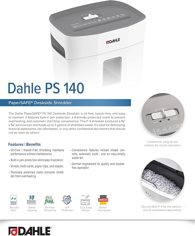 Dahle PaperSAFE PS 140 Paper Shredder, Oil Free, Jam Protection, Security Level P-4, 10 Sheet Max, Shreds Staples, Paper Clips & Credit Cards