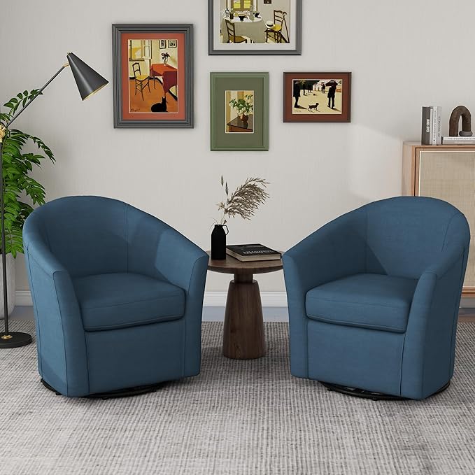 UIXE 360° Swivel Barrel Accent Chairs Set of 2, Modern Round Arm Chair Upholstered Club Armchair, Single Sofa Seating in Fabric for Living Room, Bedroom (Blue)-DeskLoop Office