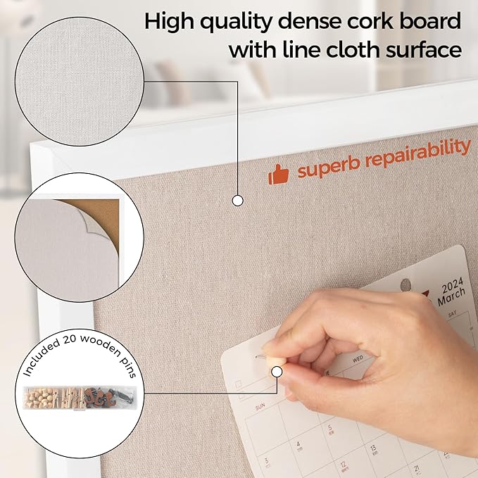 Fun Memories Cork Board Bulletin Board for Office, 20" x 30" Pine Wooden Framed Corkboard, Wall Mounted Notice Pin Board for School Home & Office, White-DeskLoop Office