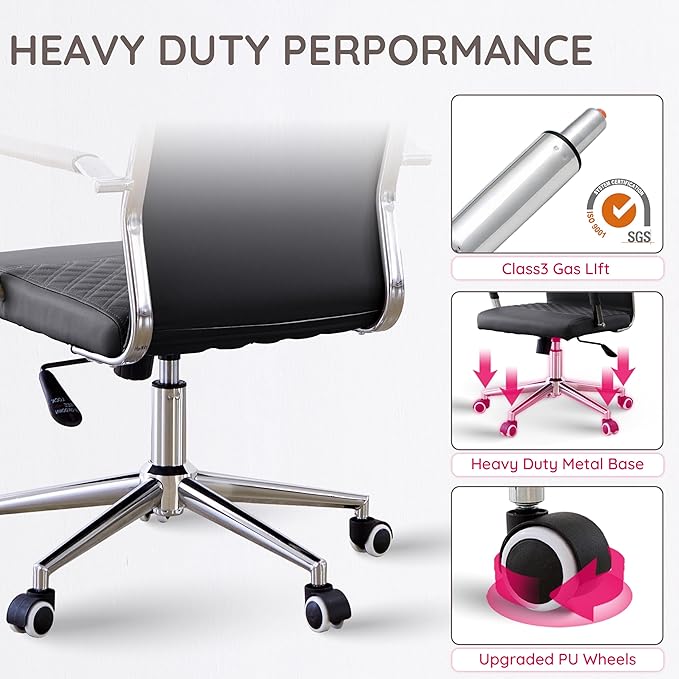 Livinia Modern Executive Office Chair with Patterned Back Design, Chrome & Leather Swivel Chair with High Back, Adjustable Height, Removable Armrests, and Wheels for Home Office (Black(Chrome))-DeskLoop Office