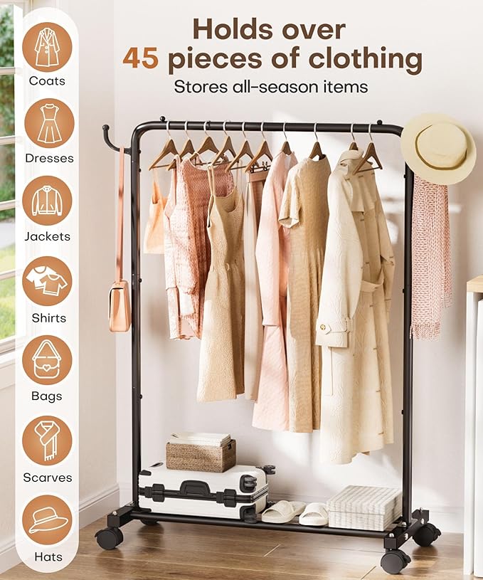 Homde Heavy Duty Clothes Rack: 120lb Standing Garment Storage for Indoor - Rolling Hanging Rod for Bedroom Laundry Room - Coat Dress Organizer on Wheels with luggage shelf (Black，32")-DeskLoop Office
