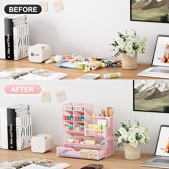 Marbrasse Mesh Desk Organizer with Drawer, Multi-Functional Pencil Organizer, 12 Compartments, Pink, Modern, Minimalist-DeskLoop Office