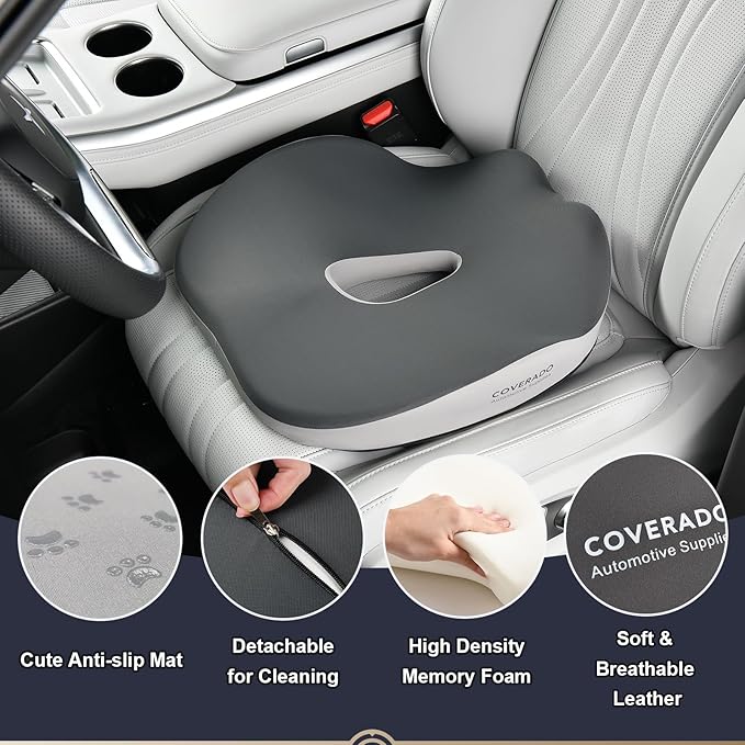 Coverado Car Seat Cushion for Car Seat Driver/Passenger, Memory Foam Seat Cushions for Office Chairs, Tailbone Pain Relief Cushion, Sciatica & Back Support Black&Gray-DeskLoop Office