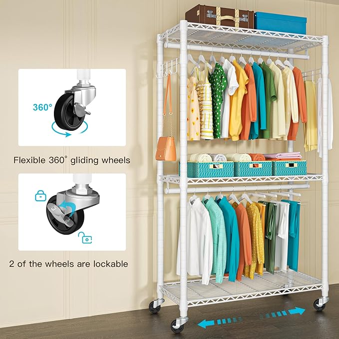 P1 Heavy Duty Garment Rack, 3 Tiers Adjustable Rolling Metal Closet Organizer with Lockable Wheels, FreeStanding Wardrobe with Double Hanger Rods & 1 Pair Hooks, Max Load 450 LBS, White-DeskLoop Office