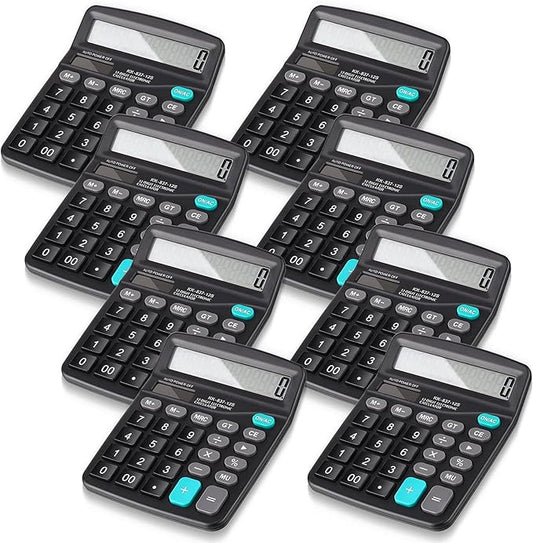 Konohan 8 Pieces 12-Digit Calculator, Solar Basic Desktop Calculator Large Display Electronic Dual Power Handheld for Home Office School(Black)-DeskLoop Office