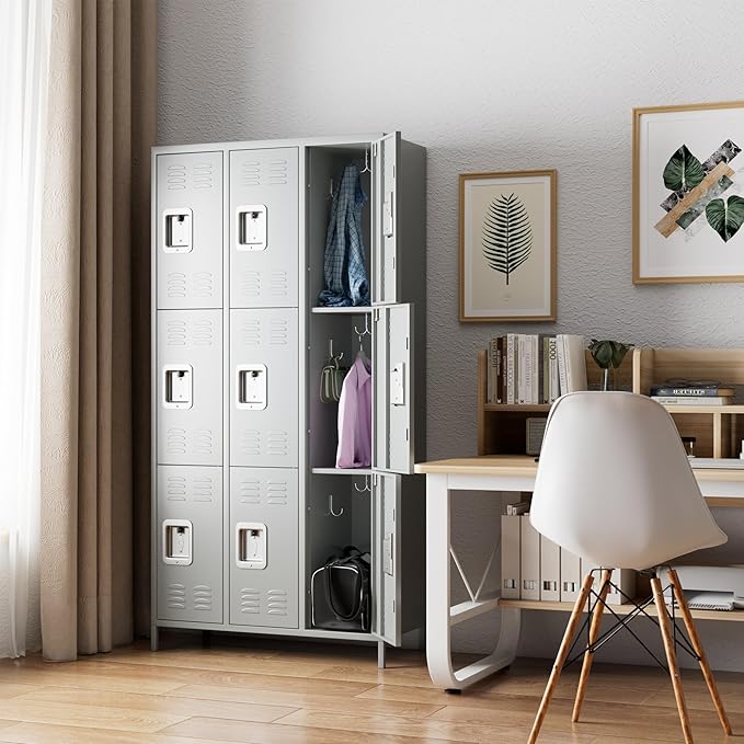 Metal Storage Locker with 9 Doors and 27 Hooks,Metal Lockers for Employees with Lock for School Garage Office Gym,Assembly Required,Light Grey-DeskLoop Office
