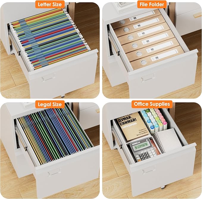 2 Drawers Mobile File Cabinet, Metal Under Desk Cabinet with Lock, for Office & Home, Legal/Letter Size, W14.57”x D17.36”x H25.79”, Assembly Required(White)-DeskLoop Office