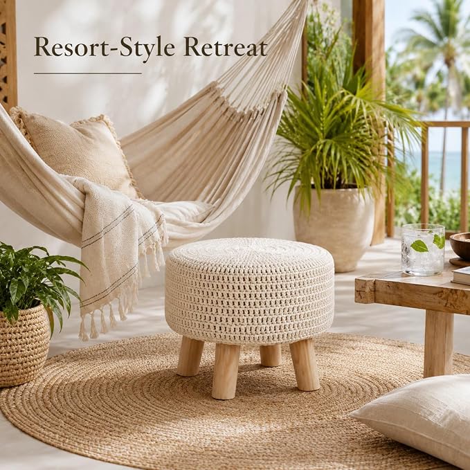 Wimarsbon Pouf Ottoman, 100% Cotton Knitted Boho Footstool, Round Footrest - Image 2