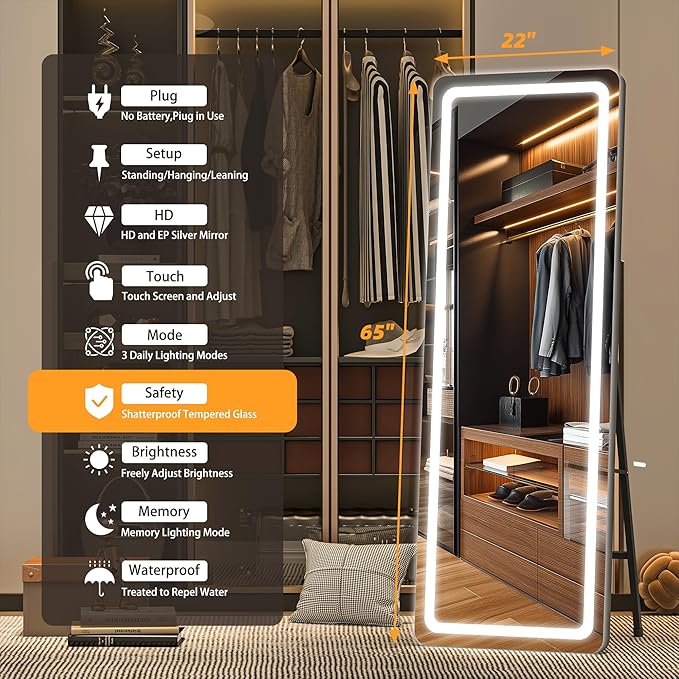 Hasipu Full Length Mirror with Lights, 65" x 22" LED Floor Mirror, Full Body Dressing Standing, Hanging Mounted Mirror for Living Room Bedroom Cloakroom, Round Black-DeskLoop Office