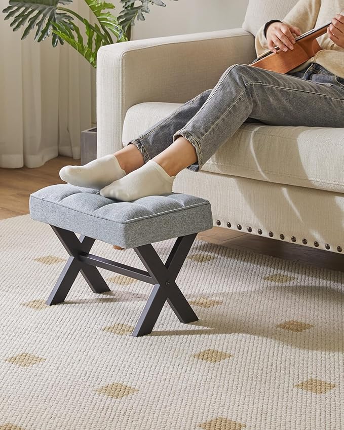 IBUYKE Small 12" H Footrest Stool, Square Linen Foot Stool with Metal X-Leg, Multi-Use as Small Side Table, Step Stool for Living Room, Bedroom, Entryway, Office, Blue Gray WBD011L-DeskLoop Office