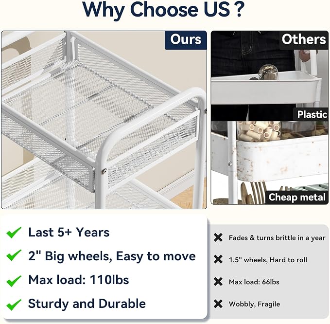 YASONIC 3 Tier Rolling Cart – Metal Utility Storage Carts - Image 3