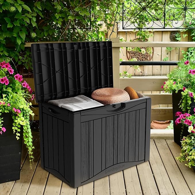 45 Gallon Lockable Resin Deck Box, Waterproof & UV-Resistant Outdoor Storage Box for Outdoor Cushion Storage, Garden Tools & Pool Accessories Storage, Black-DeskLoop Office