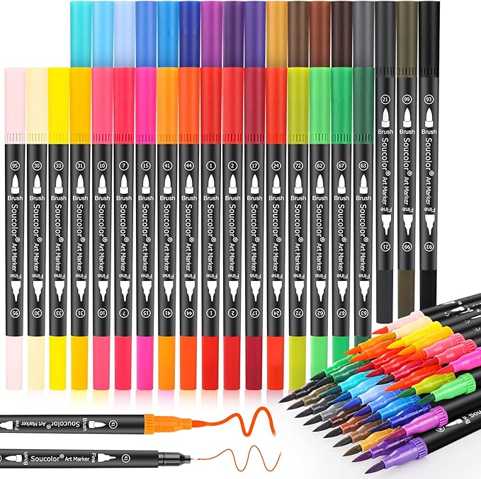 Soucolor Art Brush Markers Pens for Adult Coloring Books, Cute Preppy Stuff School Office Teacher Supplies, 34 Colors Dual Tip (Brush and Fine Point) Drawing Markers for Note Taking Journal Classroom-DeskLoop Office
