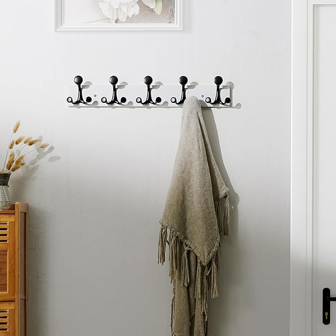 SKOLOO 24-Inch White Wood Coat Rack Wall Mount with 5 Triple Hooks - Ideal for Family Entrances, Classrooms, and Pet Supplies Storage - Perfect Coat Hooks for Wall-DeskLoop Office