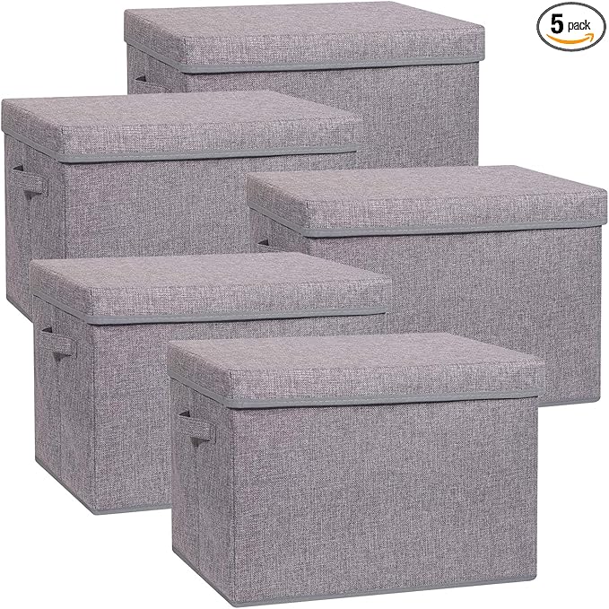 5 Pack Large Foldable Storage Box with Lids Fabric Storage Cube Organizer Cloth Containers Bins Baskets for Closet Clothes Clothing Bed Room-DeskLoop Office