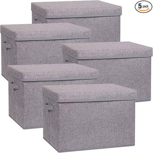 5 Pack Large Foldable Storage Box with Lids Fabric Storage Cube Organizer Cloth Containers Bins Baskets for Closet Clothes Clothing Bed Room-DeskLoop Office