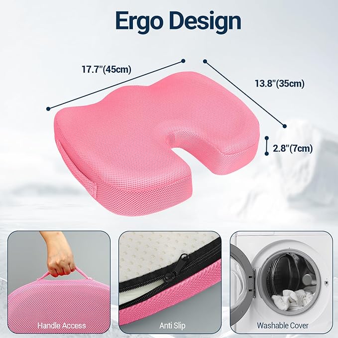 Gel Seat Cushion for Car Office - Memory Foam Pain Relief Chair Pillow Cushions - Tailbone Sciatica Coccyx Butt Lumbar Support Pad for Sitting Driving Traveling, Mesh, Pink-DeskLoop Office