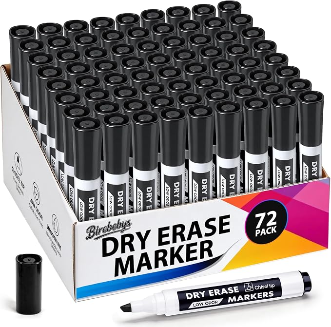 72 Pack Dry Erase Markers Bulk, Chisel Tip Black Whiteboard Markers by Birebebys