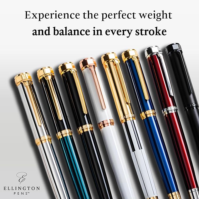 Ellington Pen Luxury Fountain Pen Set - Fountain Pens For Writing - Smooth Medium Nib - Includes Refillable Ink Converter, 3 Ink Cartridges, Gift Box - Calligraphy, Journaling, Sketching (The Stealth)