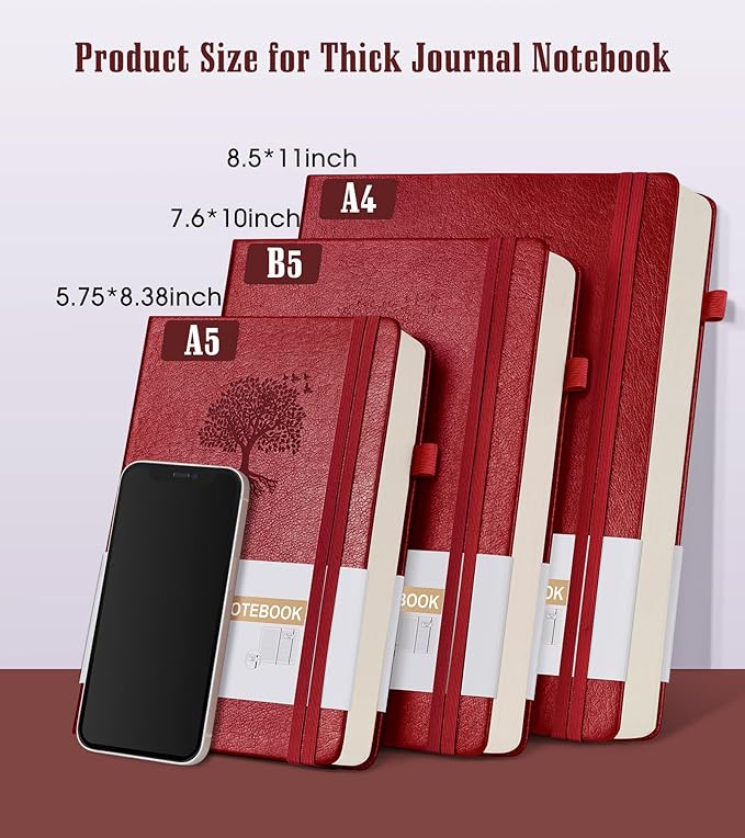 Lined Journal Notebook -365 Pages A5 Thick Journals for Writing Ruled Notebook, Hardcover Leather Journal for Women Men, Daily Notebook for Work, Note Taking, 100Gsm Lined Paper(5.7'' X 8.3'' Wine)-DeskLoop Office