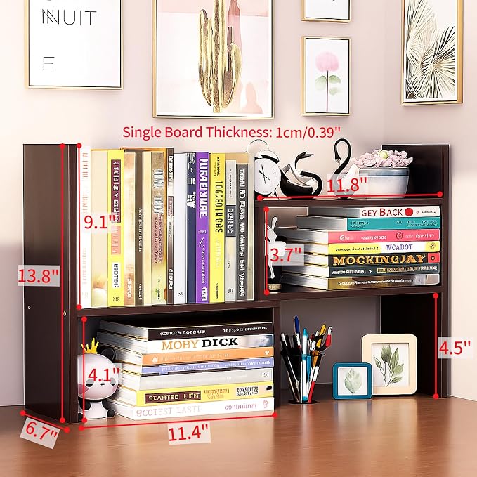 Desktop Shelf Organizer, Adjustable Wood Office Storage Rack, Counter Display - Image 2