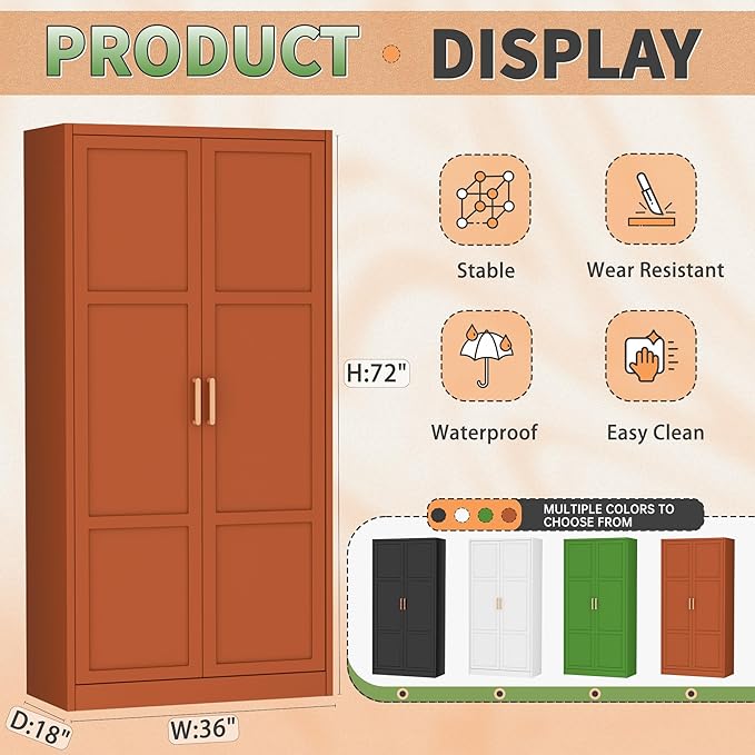 Greenvelly Metal Wardrobe Cabinet with Wooden Handle, 72" Metal Wardrobe Closet with Hanging Rods and Adjustable Shelves, Clothing Storage Closet Cabinet for Home, Office, Employee, Gym (Brown)-DeskLoop Office