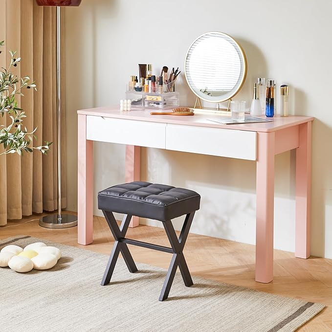 IBUYKE Square Makeup Stool with X-Leg Foot Rest, PU Footrest, Ottoman Seat Vanity Stool, Multi-Use as Small Side Table, for Bedroom, Living Room, Black LG-71B-DeskLoop Office