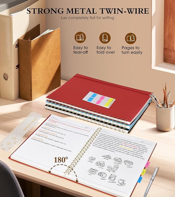 Spiral Notebook Journal 8.5” x 11”, A4 Large Notebooks for Women Men, College Ruled Lined Journal, 100 GSM Paper, Hardcover Spiral Bound Journals for Work School Writing Note Taking Business, Red-DeskLoop Office