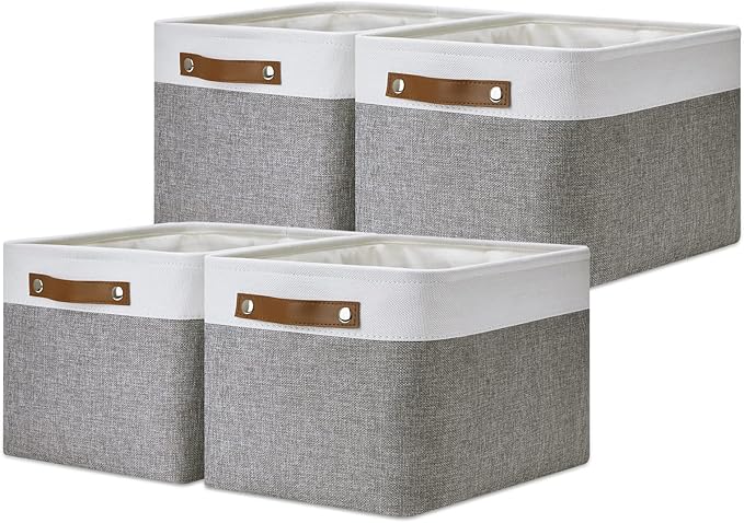 DULLEMELO Fabric Baskets for Storage, Office, Home,Nursery,Organizing Baskets for Shelves, Bedroom, Toys,Gift,Fabric Storage Basket with Handles(White&Grey,15"x11"x9.5",4-Pack)-DeskLoop Office