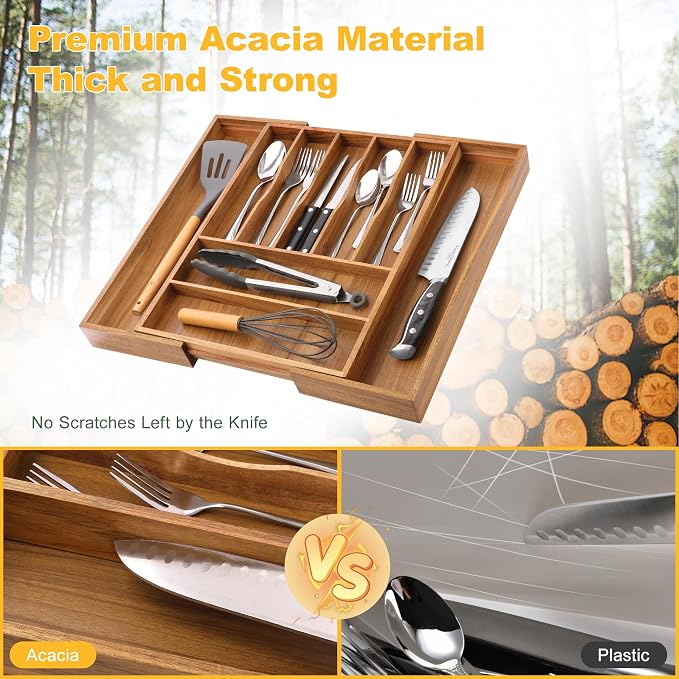 oridom Large Premium Acacia Silverware Organizer - Image 4