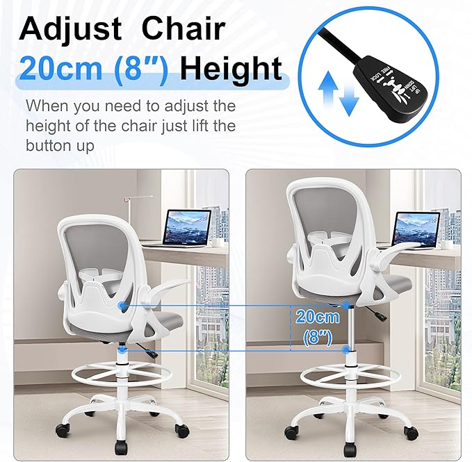 Primy Ergonomic Drafting Chair with Flip-up Armrests Tall Office Chair for Standing Desk Comfortable Desk Chair with Adjustable Footrest Ring and Lumbar Support in Gray Perfect for Home and Office Use-DeskLoop Office