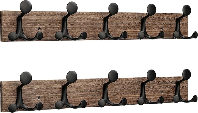 SKOLOO 24-Inch Wood Burnt Coat Rack Wall Mount with 5 Triple Hooks - Ideal for Family Entrances, Classrooms, and Pet Supplies Storage - Perfect Coat Hooks for Wall, Pack of 2-DeskLoop Office