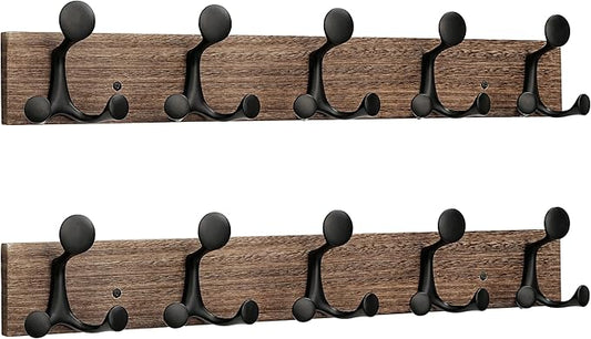 SKOLOO 24-Inch Wood Burnt Coat Rack Wall Mount with 5 Triple Hooks - Ideal for Family Entrances, Classrooms, and Pet Supplies Storage - Perfect Coat Hooks for Wall, Pack of 2-DeskLoop Office