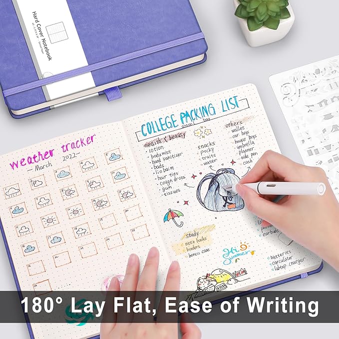 AHGXG Bullet Dotted Journal - 320 Numbered Pages Dot Grid Notebook A5 Thick Journal, 100gsm Thick Dotted Paper, Leather Hardcover,Inner Pocket, 5.75'' × 8.38''-Light Purple-DeskLoop Office