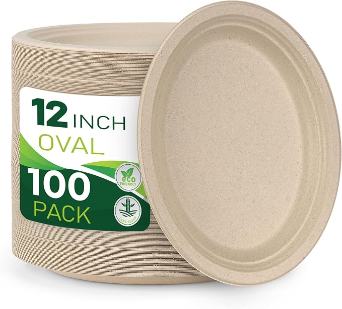 100PCS 100% Compostable Original Oval Paper Plates, Heavy Duty Disposable Plates by Birchio