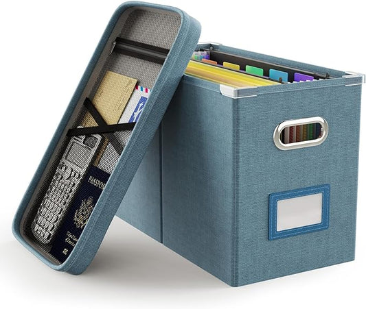 Oterri File Organizer Box with Lid, Hanging Filing File Box with Mesh Pocket, Document Organizer Box for Letter Files, Portable Storage Box with Smooth Sliding Rail for Office&Home (1 PCS, Dark-blue)-DeskLoop Office