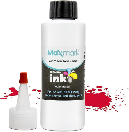 MaxMark Premium Refill Ink for self Inking Stamps and Stamp Pads, Crimson Red Color - 4 oz.