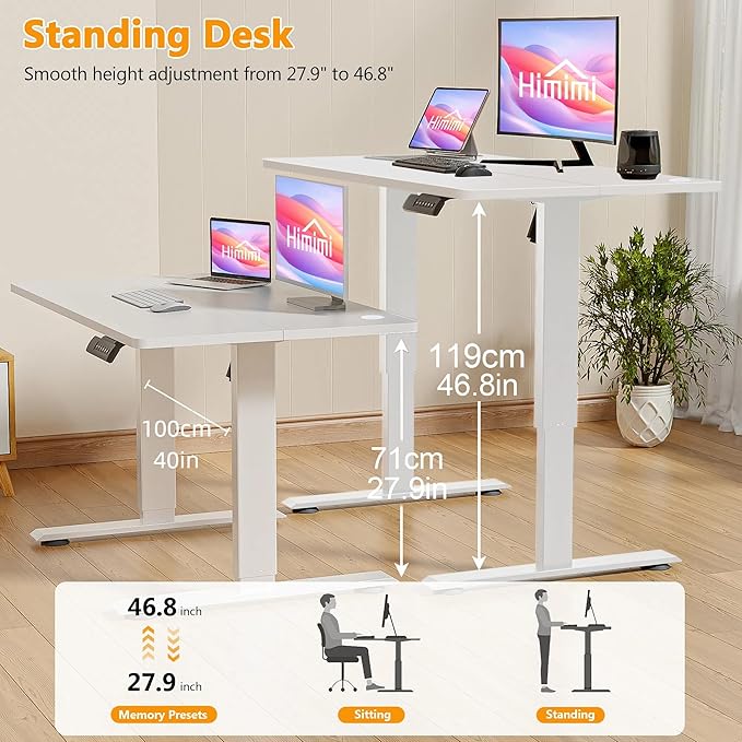 Himimi Electric Standing Desk 55 x 24 inch for Home Office,Sit-Stand Adjustable Desk with Memory Presets,Height Adjustable Desk for Gaming/Working,Free Hook, Lockable Wheels,Mouse Pad,White-DeskLoop Office