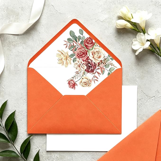 50 Pcs Bright Orange Envelopes Floral Pattern 150gsm 5x7 Envelopes - Image 6