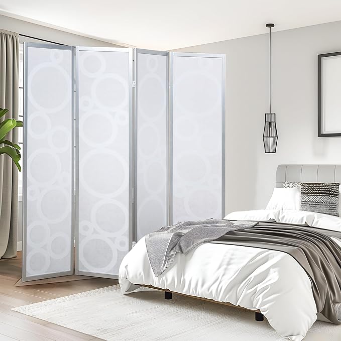 NicBex Room Divider 4 Panel Room Dividers with Circle Pattern Partition Room Dividers and Folding Privacy Screens Wall Divider for Home, Office, Room Separation,70" W x 1" D x 70" H, White+Silver-DeskLoop Office